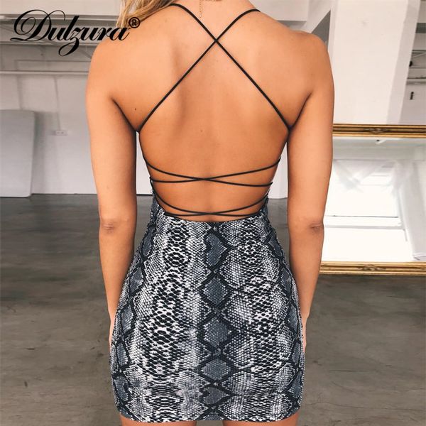 

snake print backless lace up bodycon mini dress 2021 women snakeskin party dresseshigh quality, Black;gray