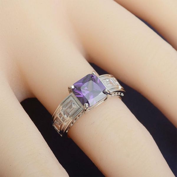 

cluster rings rbnyd luxury zircon engagement ring female square purple crystal romantic wedding for women girl party gift, Golden;silver