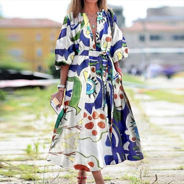 

elegant tassel long boho autumn womens dress vintage puff sleeve beach casual loose floral print vestidos plus size, Black;gray