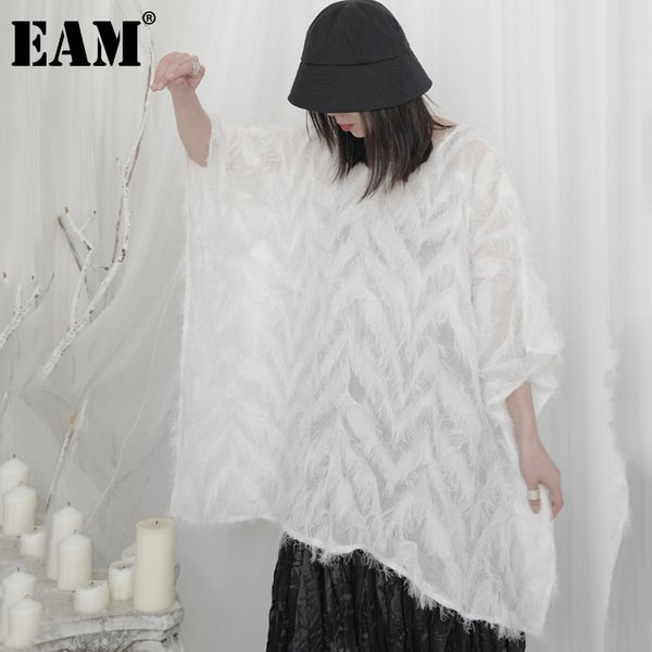 

[eam] women white big size irregular lace casual t-shirt round neck short sleeve fashion spring summer 1dd7174 21512