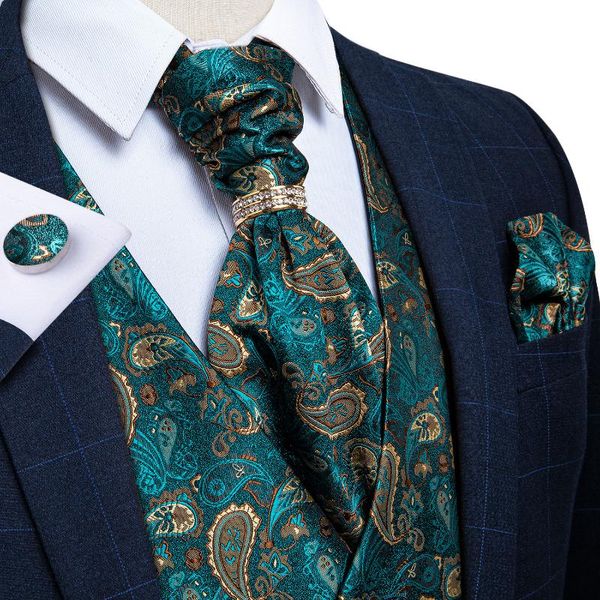 Homens Coletes Designer Mens Verde Paisley Silk Waistcoat Vest Ascot Gravata Handkerchief Gravatas Anel de anel Cufflinks Set sem mangas jaqueta Dibangu