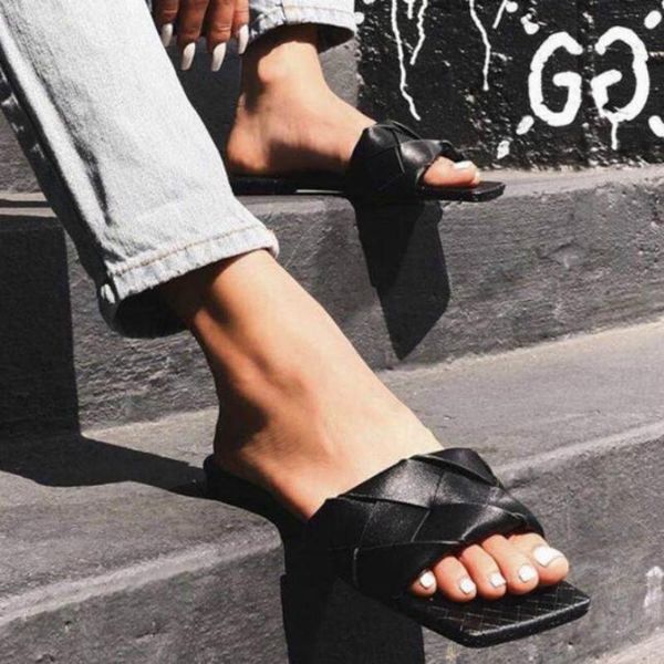 

comfortable women slippers fashion square toe leisure woven leather outdoor female slide colorful woman summer shoe, Black