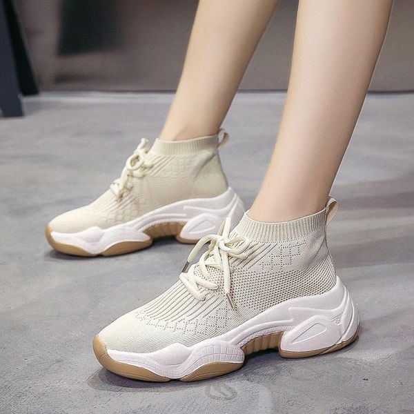 

fashion knitting winter boots autumn ankle women shoes woman thick sole platform chunky sneakers lace up plus size, Black