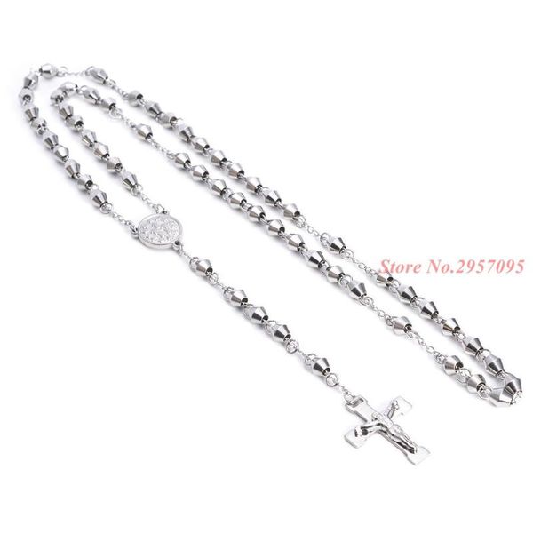 

pendant necklaces womens mens necklace 4/6mm stainless steel bead rosary chain jesus christ cross charm jewelry, Silver