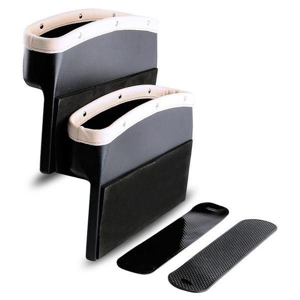 

car organizer seat pockets pu leather side space filler catch caddy with non-slip mat beige case accessories(2 pac