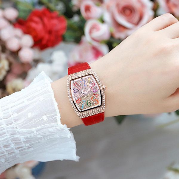 

wristwatches fully diamond women watches rose gold watch with rhinestone tonneau fashion wristwatch, Slivery;brown