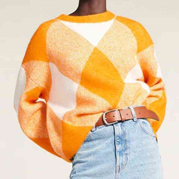 

za women autumn winter argyle sweater o-neck oversized long sleeve knitted casual soft clothing lady pullovers outwear 211109, White;black
