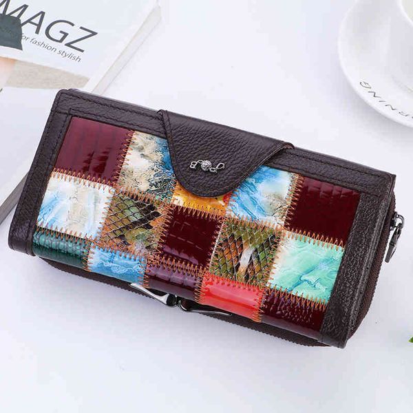 

leather handbag female cowhide splicing long wallet mobile phone iron frame, Red;black