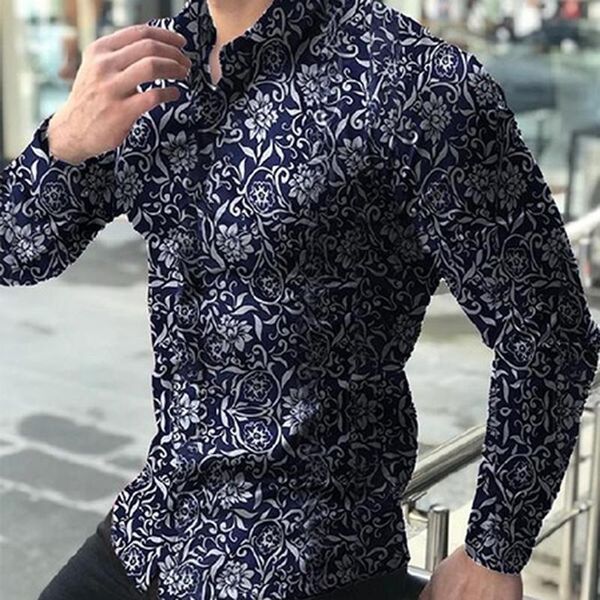 

men's fashion printed floral shirts spring autumn blouse men button lapels collar for male casual long sleeve shirt r1ik, White;black