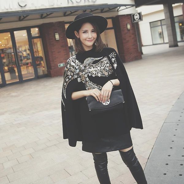 

women's jackets birds of fund autumn winters is the eagle design manual sequins embroidery knitting d1041 cape coat, Black;brown