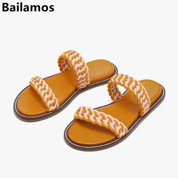 

slippers bailamos women 2021summer weave slides ladies outside girls round toe flip flops flats female brand zapat swt7, Black