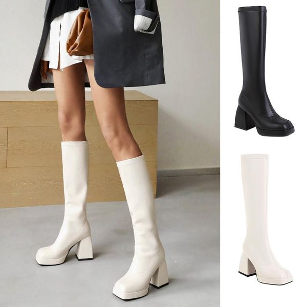 

boots autumn winter fashion woman knee kigh square toe women long boot soft pu high heels ladies shoe female 2021 botas #4, Black