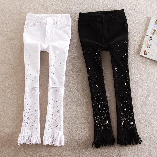 

women's jeans hole micro-horn south korea spring nine points pants wide leg edges irregular loose rhinestone, Blue