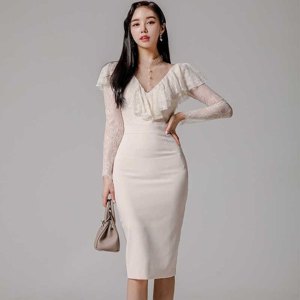 

lace ruffles patchwork woman bodycon pencil dress spring hollow out see through casual ladies work wear clothes 210529, Black;gray