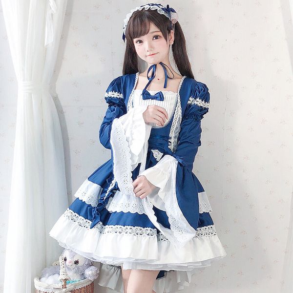 

japanese girls sweet lolita gothic princess lace court es cosplay costumes vintage long sleeves bowknot gown, Black;gray