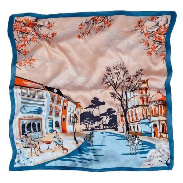 

spring summer new literary and artistic oil painting cartoon street view printing small square towel imitation silk professional, Blue;gray