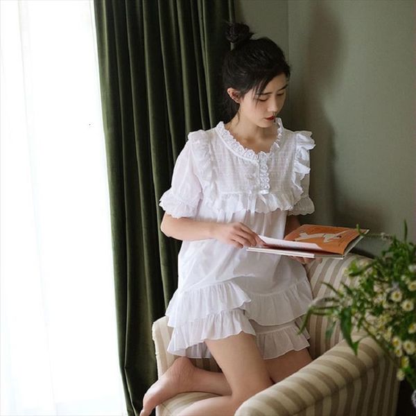 

hanxiuju summer cotton shorts women sleepwear pajamas sets white vintage short sleeve suits for ladies loose cool nightwear, Black;red