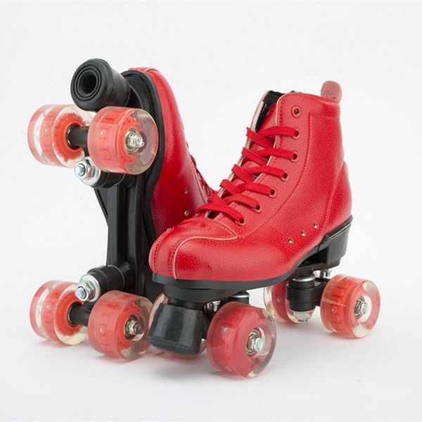 

inline & roller skates red artificial leather double row shoes woman man outdoor sports 4-wheel patines