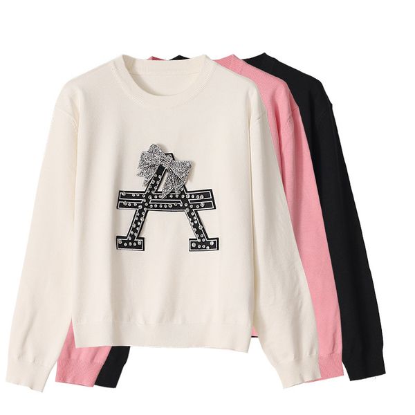 

women's sweaters runway brand casual ladies pullover pink sweet clothes 2021 spring luxury bowknot rhinestone beaded o-neck knitwear sw, White;black