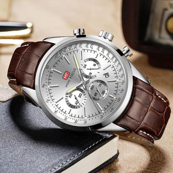 

quartz chronograph waterproof watches business and casual design leather band strap wristwatch for men, Slivery;brown