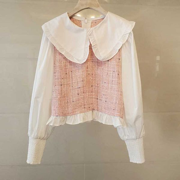 

arrival runway spring thin short coat shirt women's tweed ruffle patchwork luxury blouse blusa 210529, White