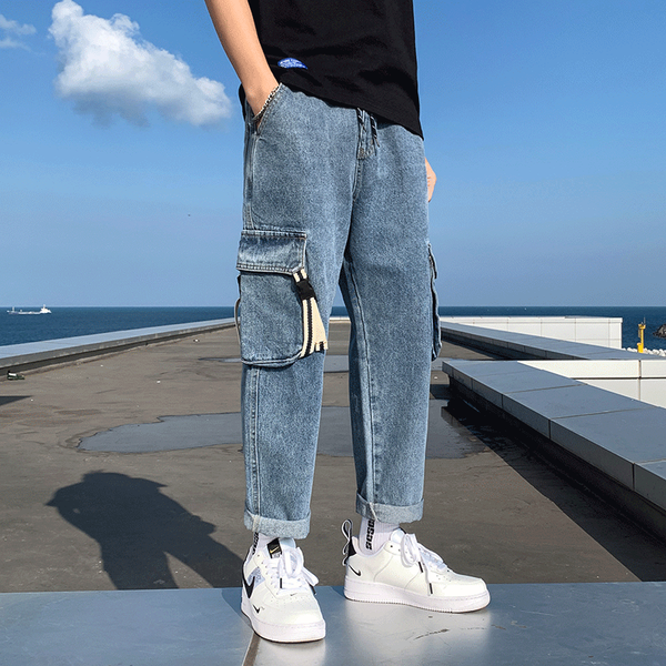 

drawstring straight jeans mens fashion multi-pocket tooling jeans pants men streetwear loose hip hop denim trousers mens -5xl, Blue