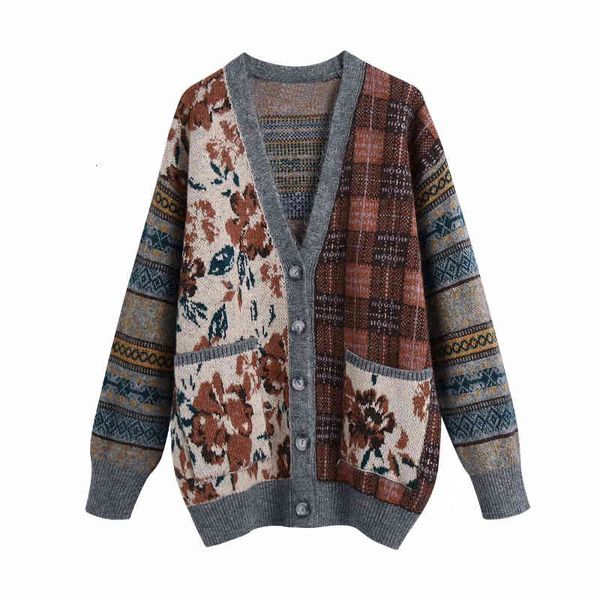

women's sweaters vintage chic floral plaid patchwork cardigans women fashion pockets buttons v-neck female casual jumpers yanc, White;black