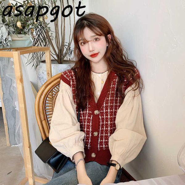 

casual o neck single-breasted puff sleeve blouse women autumn chic loose wild v neck red plaid knitted vest sweater jacket retro 210610, White