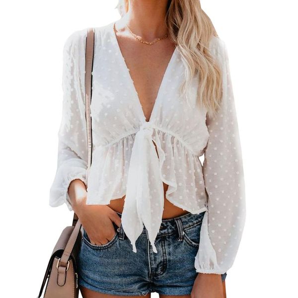 

women's blouses & shirts solid color white blouse twist-knot front cardigan long sleeve ruffles deep v-neck summer camisas de muje