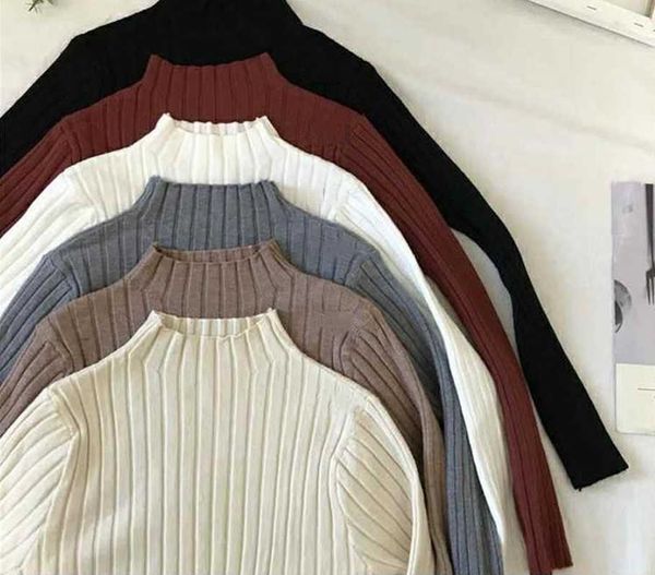

half turtleneck knitted sweaters women slim long sleeve bottoming rib jumper autumn winter thicken pullover female 210526, White;black
