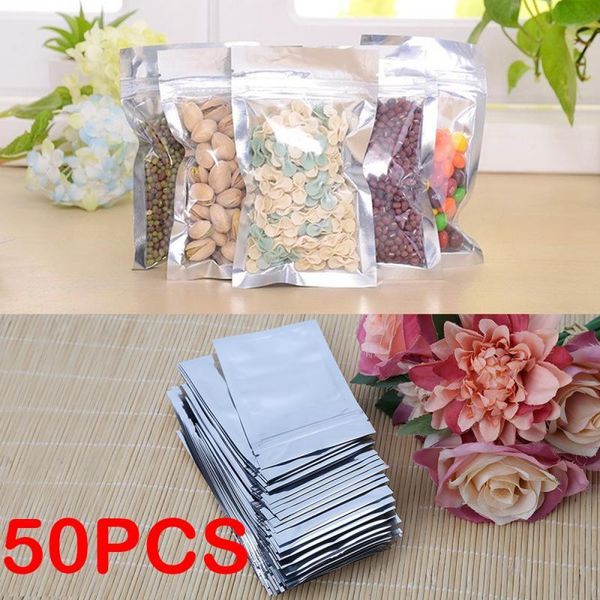 Borse di stoccaggio 50pcs alimento foglio di alluminio foglio mylar gioielli imballaggio richiudibile riutilizzabile poli idraulico borse a prova di umidità