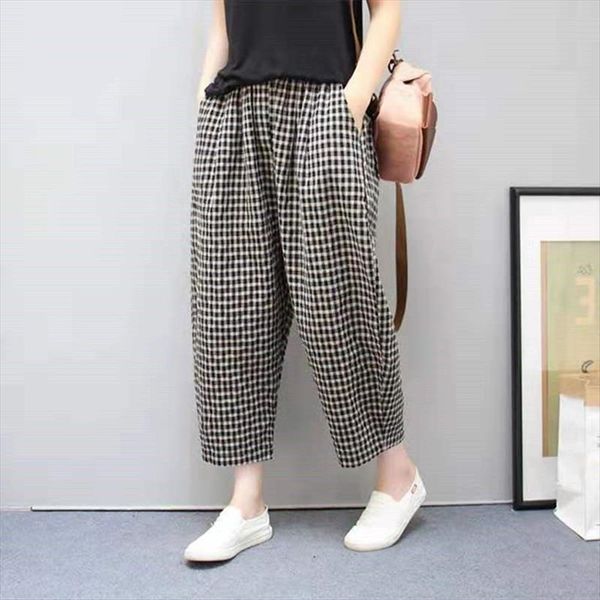 

plaid cotton linen harem womens capris sweatpants femme grey loose breathable plus size 3xl fashion trousers summer, Black;white