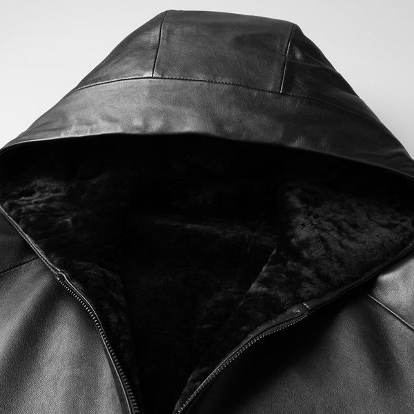 

men's leather & faux genuine jacket men autumn winter hooded mens sheepskin coat short wool fur liner chaqueta cuero hombre p-e8225c, Black
