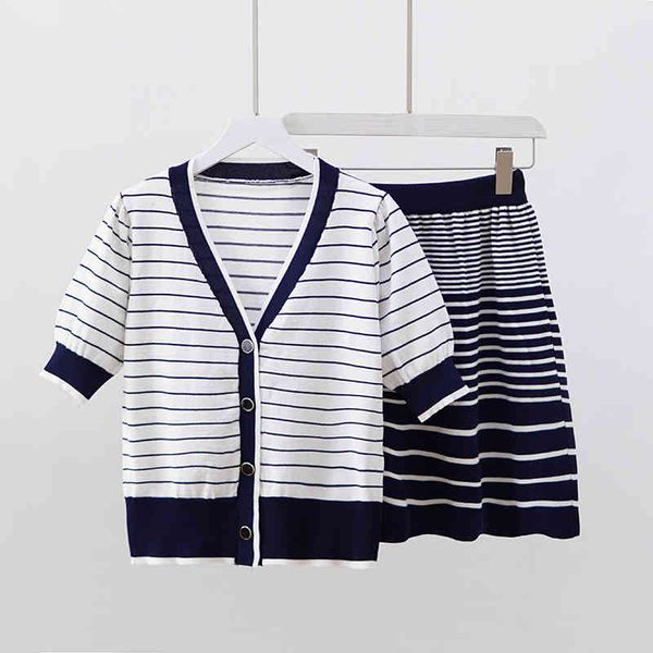 

two piece dress fashion casual knitted set women striped sweater cardigan mujer + a-line skirt sets ladies 2 suits summer outfit s, White