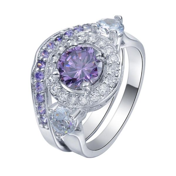 

wedding rings princess cut cubic zirconia zircon engagement ring set purple pink red cz white black gold-color jewelry for women, Slivery;golden