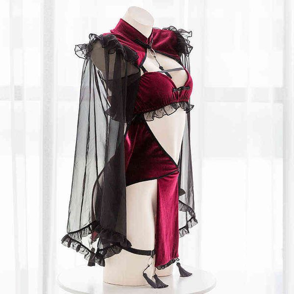 NXY sexy SetGothic Punk Schwarz Rot Spitze Sexy Dessous für Frauen Maid Temptation Evil Demon Open Crotch Cosplay Kostüme Rückenfreies Kleid 1127