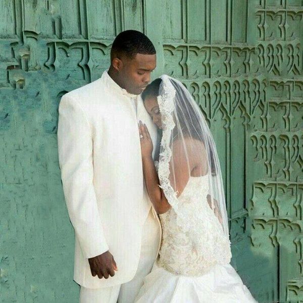 

men's suits & blazers custom ivory wedding suit stand collar groom's dress 2pcs slim fitting tu, White;black