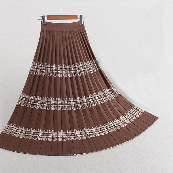 

skirts spring women vintage jacquard kint high waist a-line pleated jupe femme faldas saia streetwear jj6a, Black