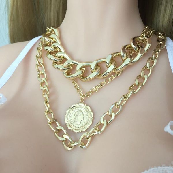 

pendant necklaces 2021 ladies multilayer retro round portrait gothic necklace fashion jewelry wholesale alloy thick chain girl play cool, Silver
