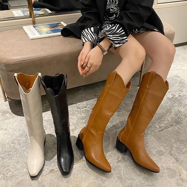 

boots knight thick heels autumn winter leather 2021 spring and korean version knee women's versatile, Black