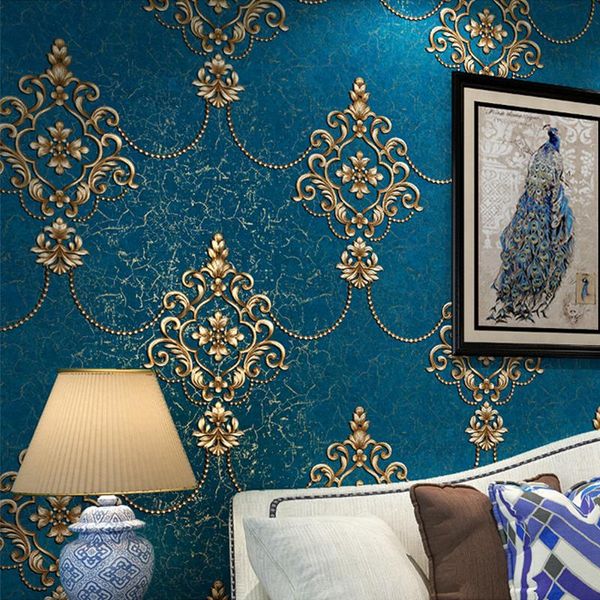 Sfondi in stile europeo Damasco Damask Sfondi Rolto 3D decorazioni da parete di carta addensata in rilievo 3D per soggiorno per soggiorno camerino camere da letto