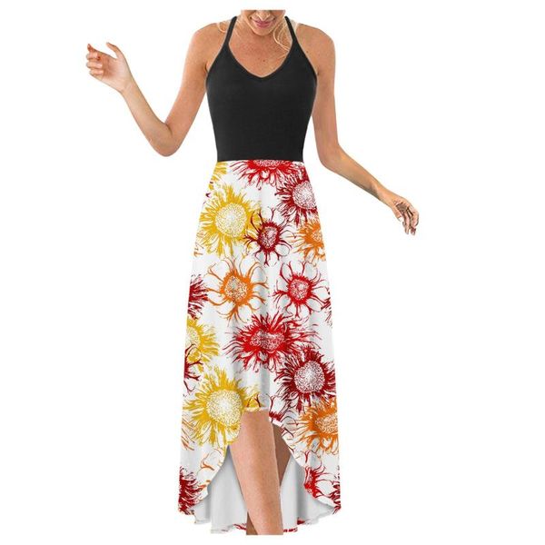 

casual dresses women sling summer v-neck elegant irregular hem prints long party dress spaghetti strap vestidos, Black;gray