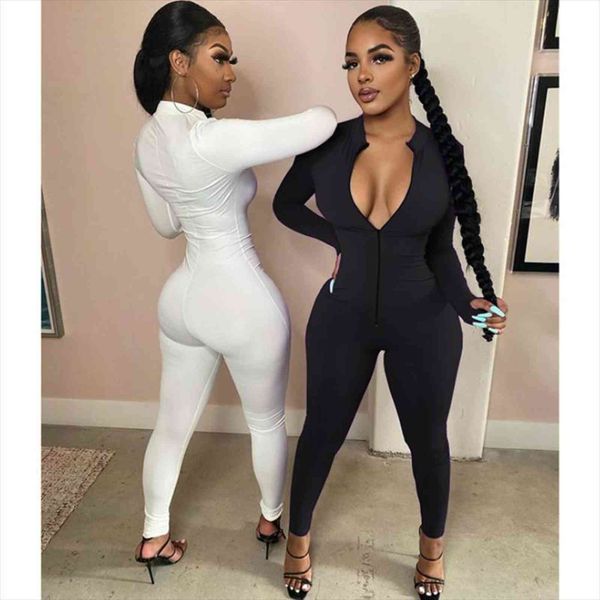 

solid color one piece zipper women rompers front long sleeve playsuits, Black;white