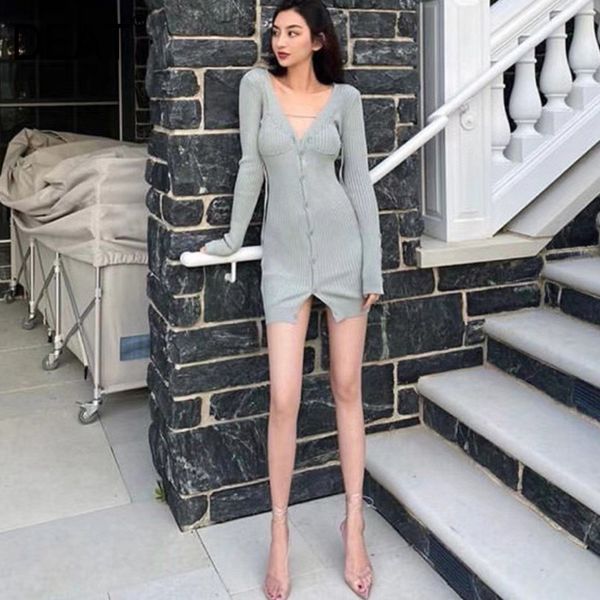 

v-neck long sleeve knitted bodycon dress adjustable drawstring mall goth summer clothes for women gx681 210421, Black;gray