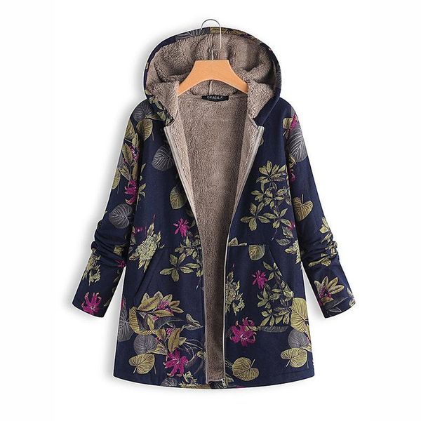 

winter european and american women's cotton linen printed long-sleeved plus size hoodie pullover warm plush coat wool & blends, Black