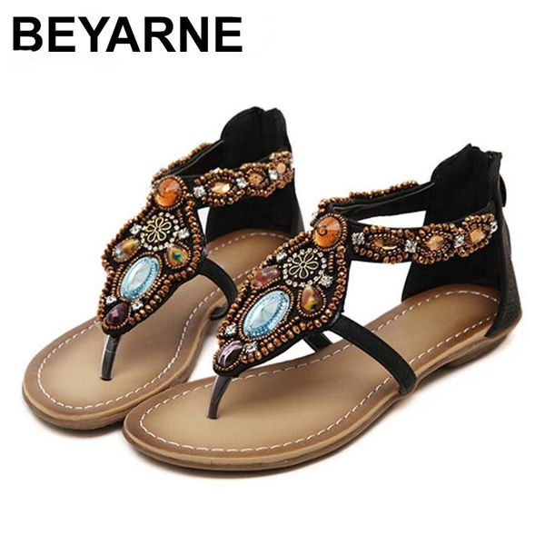 

shoes woman 2021 summer flat sandals women bohemia handmade beaded flats female pearl rhinestone sand, Black