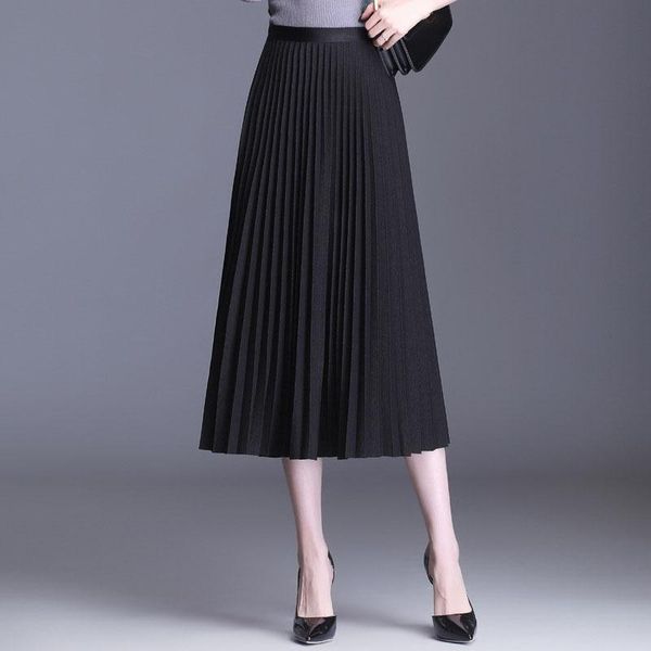 

skirts summer women casual long solid color a-line pleated skirt elegant fashion female vestido elastic waist office lady c2514, Black