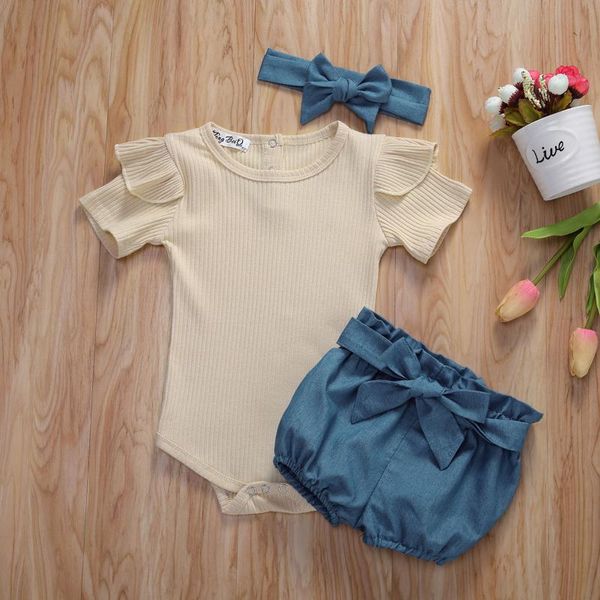 

toddler girl romper suit baby jeans summer pants stripes short sleeve bow headband 3 pieces clothes clothing sets, White