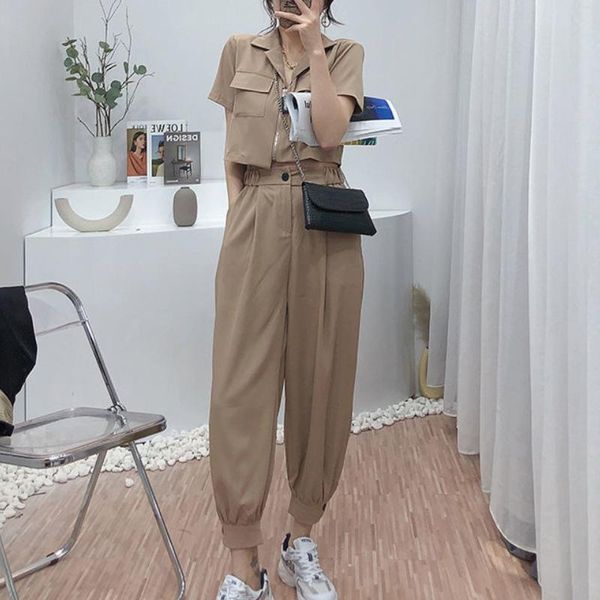 

women's two piece pants 2-piece women summer solid crop + harem outfits pockets suit, White