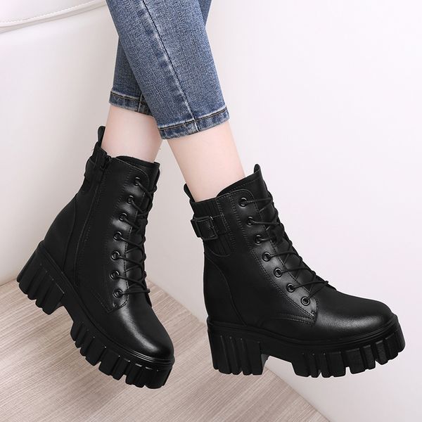 

inner heightening martin women's british style thick bottom 8cm thin short boots plush small man in winter 2021, Black